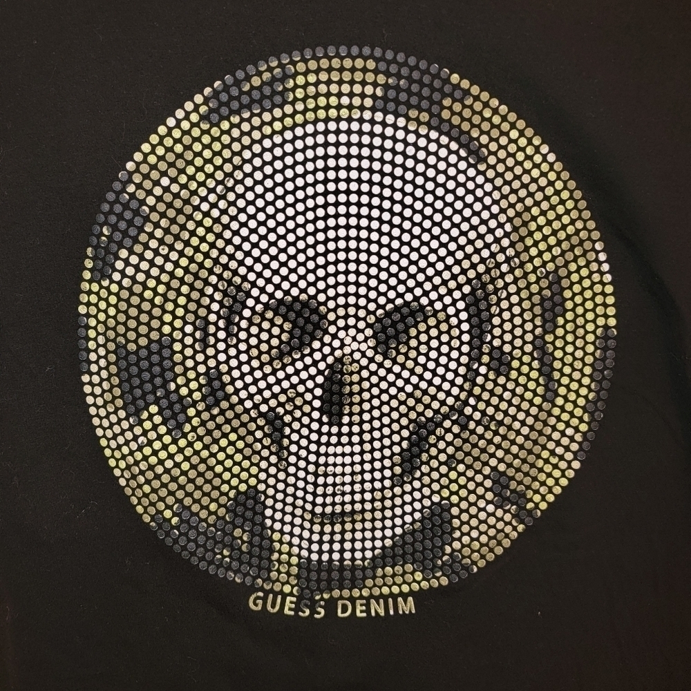 Guess Black V Neck Skull T Shirt Size L
